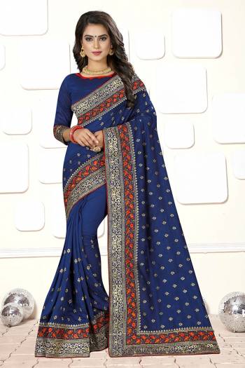 IF You Have An Eye For Different  Embroidery Styles, Than Grab This Heavy Deisgner Saree In Royal Blue Color Beautified With Kashimiri Style Embroidery With Thread And Jari Work. This Saree And Blouse are Fabricated Art Silk Which Also Gives A Rich Look To Your Personality.