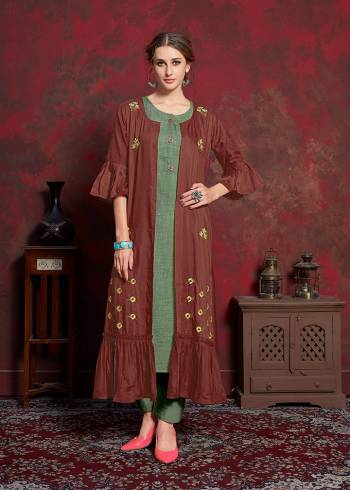 For A Bold And Beautiful Look, Grab This Designer Readymade Kurti With Jacket In, Green Colored Inner Paired With Maroon Colored Embroidered Long Jacket. Its Inner Is Rayon Cotton Based Paired With Muslin Jacket. You Can wear It As Ir And Also Pair Up With Pants Or Leggings. 