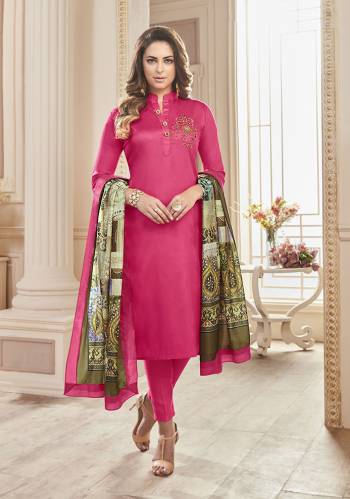 Bright And Visually Appealing Color Is Here With This Designer Straight Siut In Dark Pink Color Paired With Multi Colored Dupatta. This Readymade Top Is Fabricated On Cotton Paired With Unstitched Bottom And Muslin Fabricated Dupatta. 