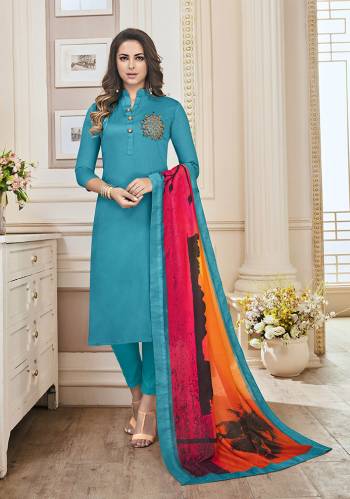 Celebrate This Festive Season With Beauty And Comfort Wearing This Designer Suit With Readymade Top And Unstitched Bottom. Its Top And Bottom Are Cotton Fabricated Paired With Muslin Fabricated Dupatta. Its Lovely Color Pallete In Blue And Multi Will Give An Attractive Look.