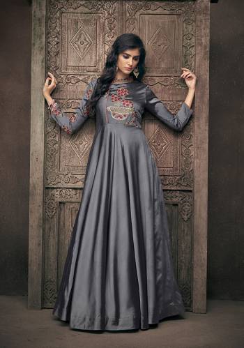 Enhance Your Personality Wearing This Designer Readymade Gown In Dark Grey Color. This Pretty Heavy Embroidered Gown IS Fabricated On Satin Silk Which Gives A Rich And Elegant Look To Your Personality.