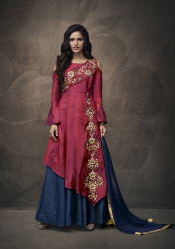 Attract All Wearing This Heavy Designer Indo-Western Readymade Pair In Dark Pink Colored Top Paired With Contrasting Navy Blue Colored Lehenga And Dupatta. Its Top Is Fabricated On Tafeta Art Silk Paired With Santoon Bottom And Chiffon Fabricated Dupatta. 