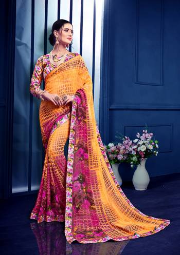 For Youe Semi-Casuals, Grab This Printed Saree In Orange And Pink Color Paired With Multi Colored Blouse. This Saree Is Georgette Based Paired With art Silk Fabricated Blouse. Its Fabric Is Light Weight And Easy To Carry All Day Long. 