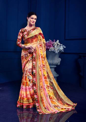 Go Colorful With This Pretty Multi Colored Saree Paired With Multi Colored Blouse. This Saree Is Fabricated On Georgette Paired With Art Silk Fabricated Blouse. Saree and Blouse Are Beautified With Floral And Abstract Prints All Over. 