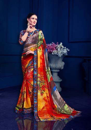 Go Colorful With This Pretty Multi Colored Saree Paired With Multi Colored Blouse. This Saree Is Fabricated On Georgette Paired With Art Silk Fabricated Blouse. Saree and Blouse Are Beautified With Floral And Abstract Prints All Over. 