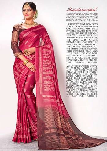 Attract All In This Printed Dark Pink Colored Saree Paired With Contrasting Brown Colored Blouse. This Saree And Blouse are Fabricated On Linen Silk Beautified Prints All Over. Its Fabric Gives A Rich Look And Is Light In Weight To Carry All Day Long. 