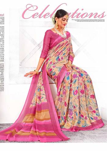 Go Colorful With This Designer Printed Saree In Multi Color Paired With Pink Colored Blouse. This Saree And Blouse are Fabricated On Linen Silk Beautified With Floral Prints All Over. 