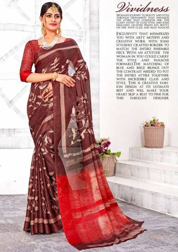 For A Bold And Beautiful Look, Grab This Saree In Brown Color Paired With Red Colored Blouse. This Saree And Blouse are Linen Silk Based Which IS Soft Towards Skin And Easy To Carry all Day Long. 