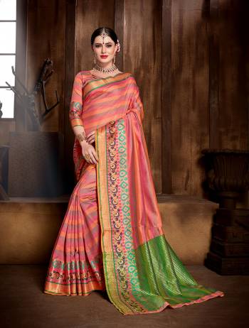 You Will Definietly Earn Lots Of Compliments Wearing This Designer Silk Based Saree In Peach Color. This Saree And Blouse Are Fabricated On Banarasi Art Silk Beautified With Weave. It Is Light In Weight And Easy To Carry Thruough Out The Gala. 