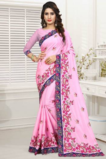 Look Pretty In This Heavy Embroidered Designer Saree In Pink Color. This Saree And Blouse are Fabricated On Chinon Beautified With Attractive Embroidery Giving An Attractive Look. Buy This Saree Now.