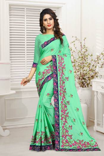 Look Pretty In This Heavy Embroidered Designer Saree In Sea Green Color. This Saree And Blouse are Fabricated On Chinon Beautified With Attractive Embroidery Giving An Attractive Look. Buy This Saree Now.