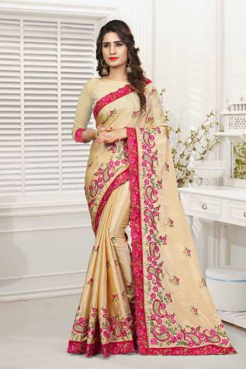 Look Pretty In This Heavy Embroidered Designer Saree In Cream Color. This Saree And Blouse are Fabricated On Chinon Beautified With Attractive Embroidery Giving An Attractive Look. Buy This Saree Now.