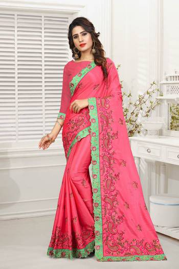 Celebrate This Festive Season with Beauty And Comfort Wearing This Designer Heavy Saree In Fuschia Pink Color. This Pretty Heavy Embroidered Saree And Blouse Are Fabricated On Chiono Which Is Light Weight And Also Gives An Elegant Look To Your Personality. 