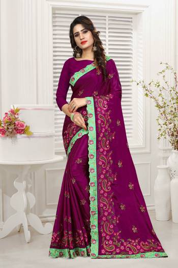 Look Pretty In This Heavy Embroidered Designer Saree In Purple Color. This Saree And Blouse are Fabricated On Chinon Beautified With Attractive Embroidery Giving An Attractive Look. Buy This Saree Now.