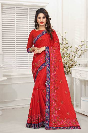 Celebrate This Festive Season with Beauty And Comfort Wearing This Designer Heavy Saree In Red Color. This Pretty Heavy Embroidered Saree And Blouse Are Fabricated On Chiono Which Is Light Weight And Also Gives An Elegant Look To Your Personality. 