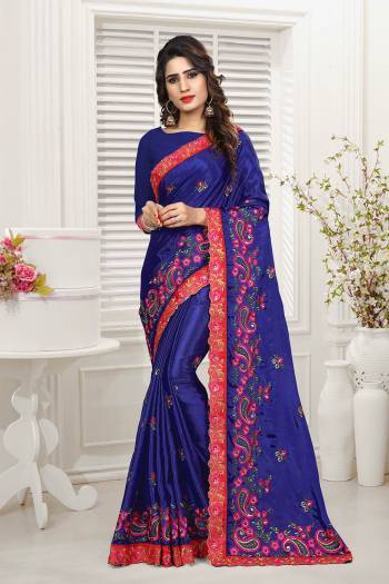 Look Pretty In This Heavy Embroidered Designer Saree In Royal Blue Color. This Saree And Blouse are Fabricated On Chinon Beautified With Attractive Embroidery Giving An Attractive Look. Buy This Saree Now.