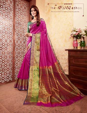 For A Royal Look, Grab This Rich Looking Silk Based Saree In Dark Pink Color Paired With Contrasting Dark Green Colored Blouse. This Saree And Blouse Are Fabricated On Banarasi Art Silk Beautified with Weave All Over. 