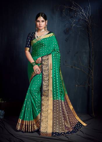 Catch All The Limelight At The Next Function You Attend Wearing This Pretty Saree In Sea Green Color Paired With Contrasting Navy Blue Colored Blouse. This Saree And Blouse are Nylon Art Silk Based Which Gives A Rich Look To Your Personality. 