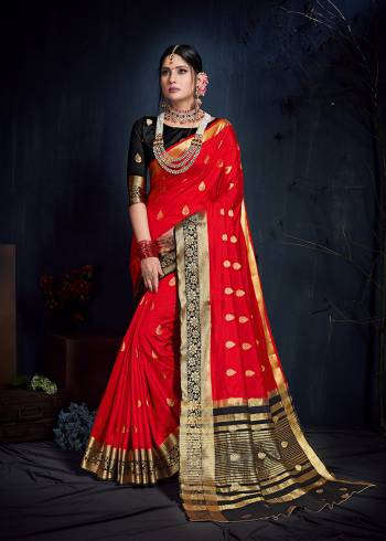 Shine Bright In this Attractive Color Pallete With This Nylon Silk Based Saree In Red Color Paired With Black Colored Blouse. It Is Beautified With Attractive Weave Giving It A More pretty Look. 