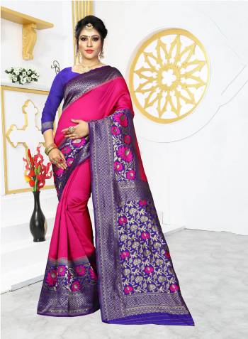 Grab This Rich And Elegant Looking Silk Based Designer Saree In Rani Pink Color Paired With Purple Colored Blouse. This Saree And Blouse are Fabricated On Banarasi Art Silk Beautified With Weave Over Its Attractive Broad Border. 