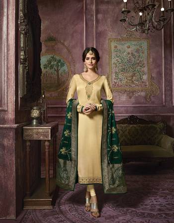 Simple and Elegant Looking Designer Straight Suit Is Here In Cream Color Paired With Dark Green Colored Dupattta. Its Top Is Fabricated On Satin Georgette Paired With Santoon Bottom And Georgette Dupatta With Banarasi Art Silk Broad Border. 