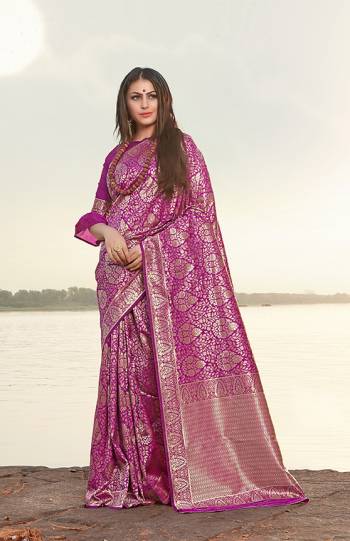 Get Ready For The Upcoming Festive And Wedding Season In A Proper Traditional Look With This Designer Saree In Magenta Pink Color. This Saree And Blouse are Fabricated On Banarasi Art Silk Beautified with Heavy Weave All Over. Buy Now.