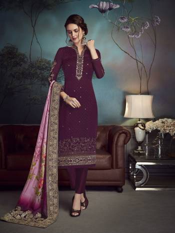 Grab This Pretty Designer Straight Suit In Wine Color Paired With Pink Colored Printed Dupatta. Its Embroidered Top Is Fabricated On Satin Georgette Paired With Santoon Bottom And Jacquard Silk Dupatta. Its Has Very Beautiful  Diamond Which Gives An Attractive Look. 