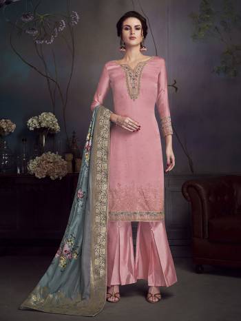 Look Pretty This Very Elegant Looking Designer Straight Suit In Pink Color Paired With Contrasting Grey Colored Dupatta. Its Top Is Fabricated On Satin Georgette Paired With Santoon Bottom And Jacquard Silk Dupatta. The Highlight OF This Suit Is Its Attractive Diamond Work. 