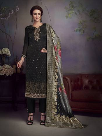 For A Bold And Beautiful Look, Grab This Designer Straight Suit In Black Color Paired With Grey Colored Dupatta. Its Top Is Fabricated On Satin Georgette Paired With Santoon Bottom And Jacquard Silk Dupatta. All Its Fabrics Are Soft Towards Skin And Ensures Superb Comfort All Day Long. 