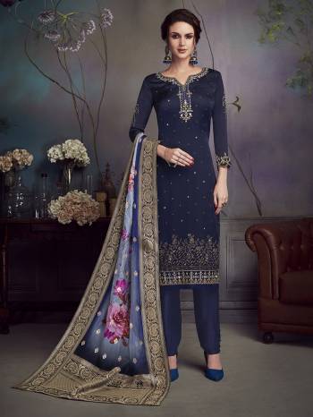 Add This Very Pretty Designer Suit To Your Wardrobe In Navy Blue Color Paired With Blue colored Dupatta. Its Top Is Fabricated On Satin Georgette Paired With Santoon Bottom And Jacquard Silk Dupatta. The Diamond Work And Printed Dupatta Suit Concept Will Give An Unqiue Look To Your Personality. 