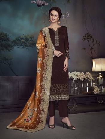 Grab This Pretty Designer Straight Suit In Brown Color Paired With Musturd Yellow Colored Printed Dupatta. Its Embroidered Top Is Fabricated On Satin Georgette Paired With Santoon Bottom And Jacquard Silk Dupatta. Its Has Very Beautiful  Diamond Which Gives An Attractive Look. 