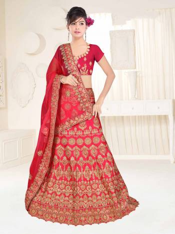 Here Is A Very Beautiful Heavy Designer Bridal Lehenga Choli In All Over Dark Pink. Its Blouse And Lehenga Are Fabricated On Satin Silk Paired With Net Fabricated Dupatta. It Is Beautified With Heavy Embroidery Giving It An Attractive Look. 