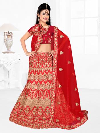 Get Ready For Your D-Day With This Very Beautiful And Evergreen Color For A Bridal Wear With This Designer Lehenga Choli In Red Color. This Heavy Embroidered Lehenga Choli Is Satin Silk Based Paired With Net Fabricated Dupatta. Its Lovely Bright Color And Heavy Embroidery Will Add Pretty Glam Look.