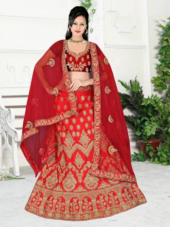 Get Ready For Your D-Day With This Very Beautiful And Evergreen Color For A Bridal Wear With This Designer Lehenga Choli In Red Color. This Heavy Embroidered Lehenga Choli Is Satin Silk Based Paired With Net Fabricated Dupatta. Its Lovely Bright Color And Heavy Embroidery Will Add Pretty Glam Look.