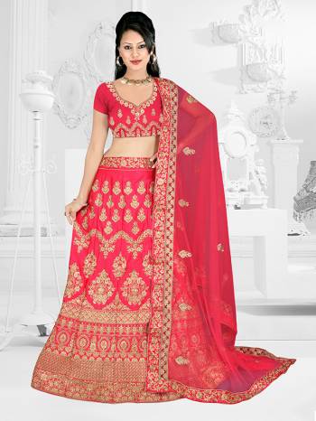 Here Is A Very Beautiful Heavy Designer Bridal Lehenga Choli In All Over Dark Pink. Its Blouse And Lehenga Are Fabricated On Satin Silk Paired With Net Fabricated Dupatta. It Is Beautified With Heavy Embroidery Giving It An Attractive Look. 