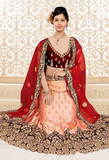 Go Colorful With This Heavy Designer Lehenga Choli For Your Bridal Wear In Brown Colored Blouse Paired With Peach Colored Lehenga And Red Colored Dupatta. This Lehenga Choli IS Fabricated On Satin Silk Paired With Net Fabricated Dupatta. 