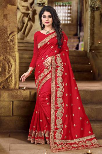 Get Ready For The Upcoming Festive And Wedding Season With This Designer Saree In Red Color. This Saree And Blouse Are Fabricated On Art Silk Beautified with Jari Embroidery In Lovely Peacock Motifs. This Pretty Saree Is Light Weight And Easy To Carry All Day Long. 