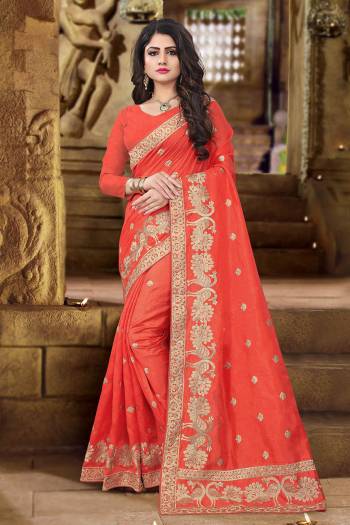 Get Ready For The Upcoming Festive And Wedding Season With This Designer Saree In Orange Color. This Saree And Blouse Are Fabricated On Art Silk Beautified with Jari Embroidery In Lovely Peacock Motifs. This Pretty Saree Is Light Weight And Easy To Carry All Day Long. 