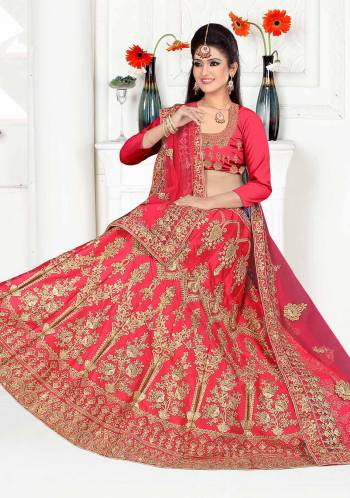 Here Is A Very Beautiful Heavy Designer Bridal Lehenga Choli In All Over Dark Pink. Its Blouse And Lehenga Are Fabricated On Satin Silk Paired With Net Fabricated Dupatta. It Is Beautified With Heavy Embroidery Giving It An Attractive Look. 