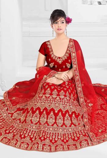 Get Ready For Your D-Day With This Very Beautiful And Evergreen Color For A Bridal Wear With This Designer Lehenga Choli In Red Color. This Heavy Embroidered Lehenga Choli Is Satin Silk Based Paired With Net Fabricated Dupatta. Its Lovely Bright Color And Heavy Embroidery Will Add Pretty Glam Look.