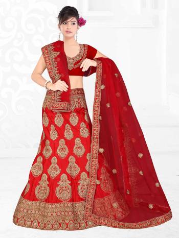 Get Ready For Your D-Day With This Very Beautiful And Evergreen Color For A Bridal Wear With This Designer Lehenga Choli In Red Color. This Heavy Embroidered Lehenga Choli Is Satin Silk Based Paired With Net Fabricated Dupatta. Its Lovely Bright Color And Heavy Embroidery Will Add Pretty Glam Look.