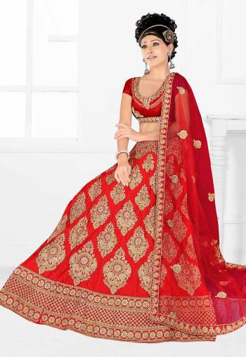 Get Ready For Your D-Day With This Very Beautiful And Evergreen Color For A Bridal Wear With This Designer Lehenga Choli In Red Color. This Heavy Embroidered Lehenga Choli Is Satin Silk Based Paired With Net Fabricated Dupatta. Its Lovely Bright Color And Heavy Embroidery Will Add Pretty Glam Look.