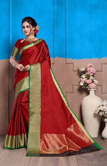 Here Is A Proper Traditional Wear For The Upcoming Festive And Wedding Season With This Silk Based Saree. This Red Saree And Blouse Are Fabricated On Nylon Art Silk Beautified With Intricate Weave All Over. Also Its Fabric Is Durable And Easy To Carry Throughout The Gala. 