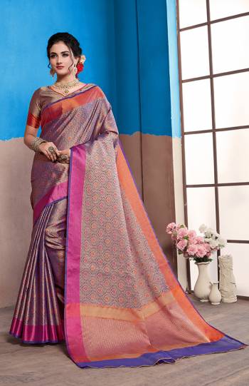 Here Is A Proper Traditional Wear For The Upcoming Festive And Wedding Season With This Silk Based Saree. This Purple & Gold Saree And Blouse Are Fabricated On Nylon Art Silk Beautified With Intricate Weave All Over. Also Its Fabric Is Durable And Easy To Carry Throughout The Gala. 