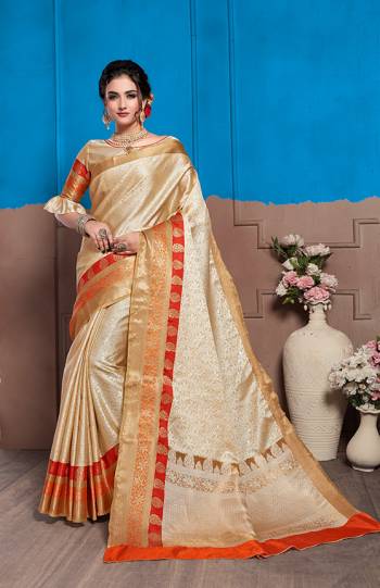 Here Is A Proper Traditional Wear For The Upcoming Festive And Wedding Season With This Silk Based Saree. This Cream Saree And Blouse Are Fabricated On Nylon Art Silk Beautified With Intricate Weave All Over. Also Its Fabric Is Durable And Easy To Carry Throughout The Gala. 