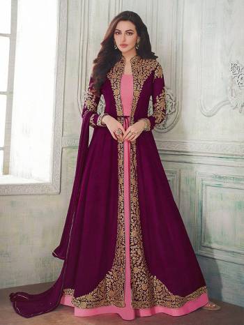 Here Is A Very Beautiful Designer Indo Western Suit In Pink Colored Inner Paired With Jacket Styled Top In Purple Color. Also It Is Paired With Pink Colored Bottom and Purple Dupatta. Its Beautiful Embroidered Jacket Is Fabricated On Georgette With Santoon Inner And Bottom And Chiffon Fabricated Dupatta. Buy This Lovely Designer Piece Now.