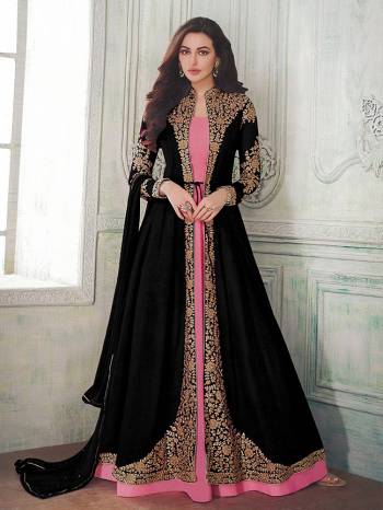 Here Is A Very Beautiful Designer Indo Western Suit In Pink Colored Inner Paired With Jacket Styled Top In Black Color. Also It Is Paired With Pink Colored Bottom and Black Dupatta. Its Beautiful Embroidered Jacket Is Fabricated On Georgette With Santoon Inner And Bottom And Chiffon Fabricated Dupatta. Buy This Lovely Designer Piece Now.