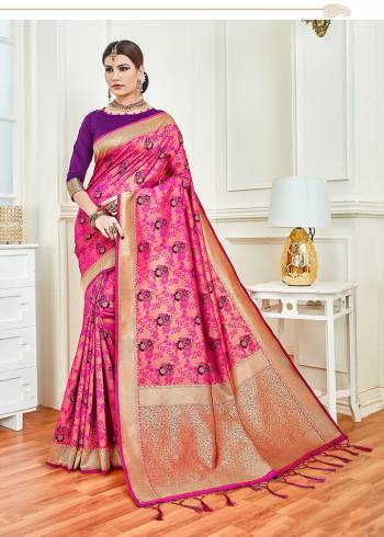 Shine Bright In This Designer Dark Pink Colored Saree Paired With Contrasting Purple Colored Blouse. This Saree And Blouse are Fabricated on Soft And Art Silk Respectively. Buy This Pretty Saree Now.