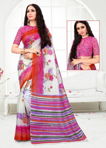 For Your Casual Or Semi-Casual Wear, Grab This Pretty Simple Printed Saree In White & Pink Color. This Saree And Blouse are Fabricated On Cotton Which Is Durable And Easy To Care For. 
