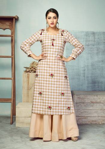 Another Very Beautiful Checks Printed Readymade Kurti Is Here In Beige And White Color Paired With Beige Colored Bottom. Its Top Is Fabricated On Handloom Cotton Paired With Rayon Fabricated skirt. Buy Now.